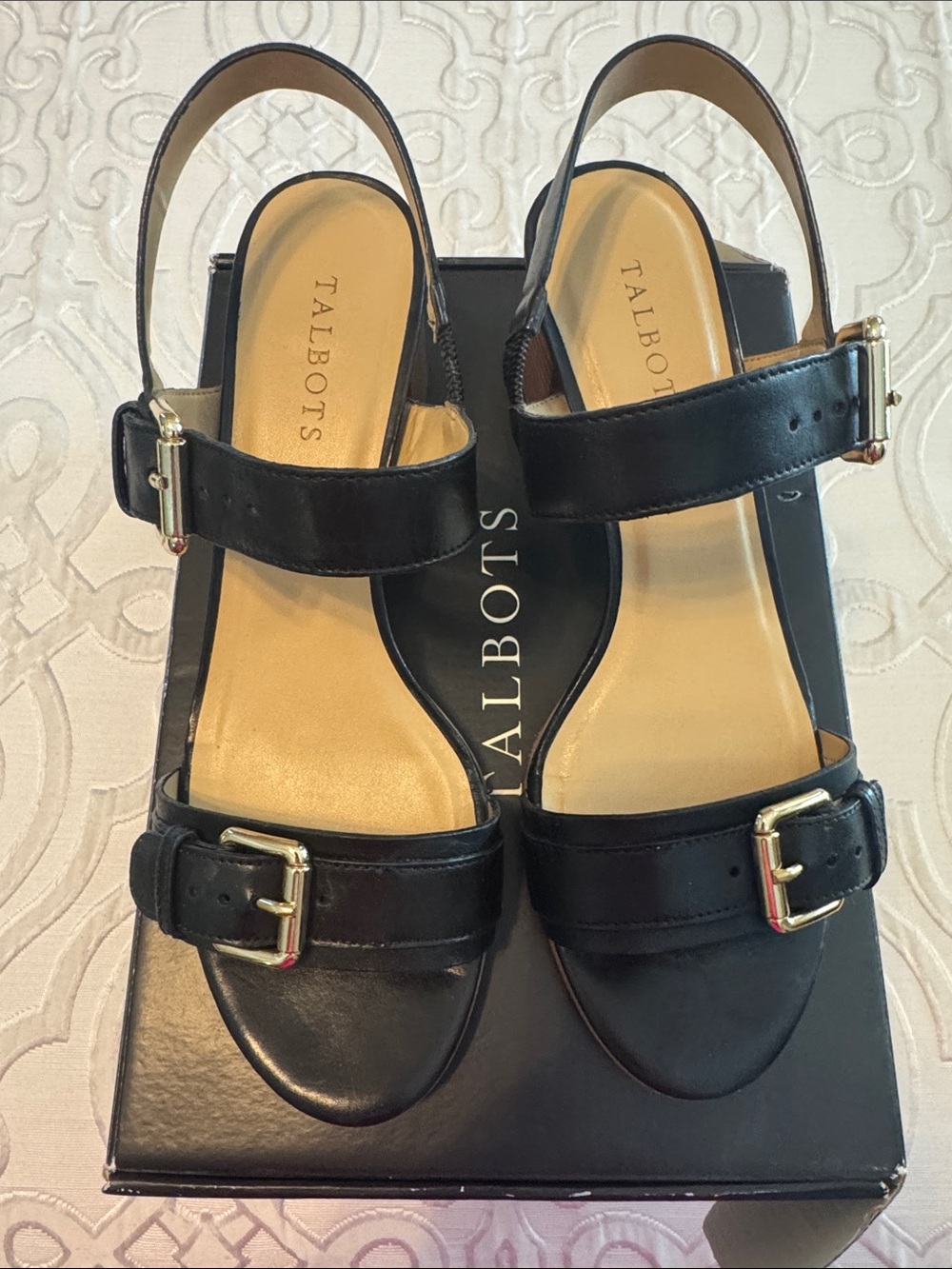 Talbots Black Leather Double-Buckle Slingback Sandals